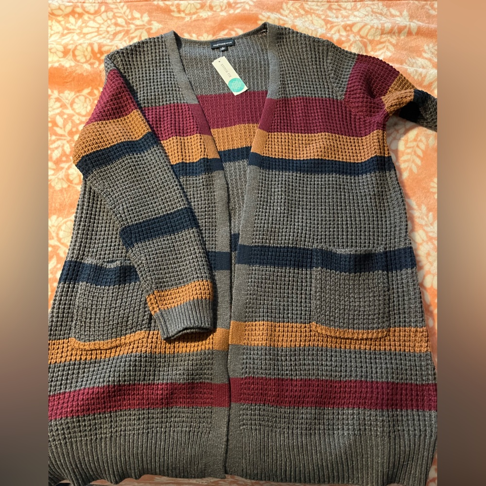 Fortune + Ivy Striped Gray Duster Cardigan Sweater